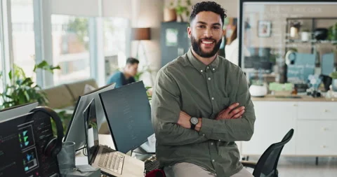 Man, office and happy with coding on portrait for programing and system update Stock Footage 290119627