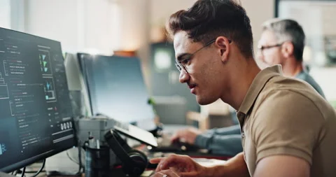 Man, office and happy with coding on computer for programing and system update Stock Footage 290124841