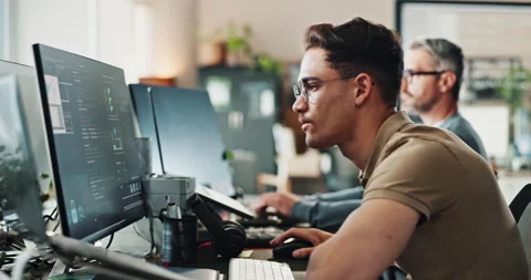 Man, office and serious with coding on computer for programing and system update Stock Footage 290128038
