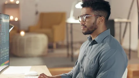 Man, office and trading by computer in night for finance, crypto or stock market Stock Footage 234965577