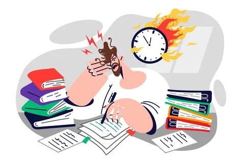 Man office clerk cannot cope with deadlines, sitting at desk littered with Stock Illustration