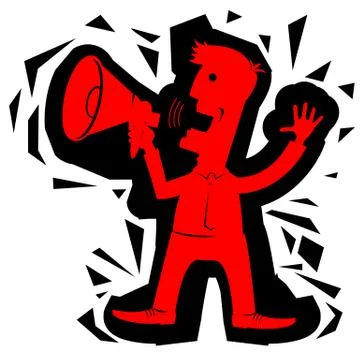 Man in office clothes with loudspeaker.vector red silhouette on black Stock Illustration