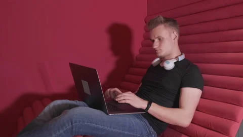Man in the office communicates in the messenger. Manager is typing on a laptop. Stock Footage 141667703