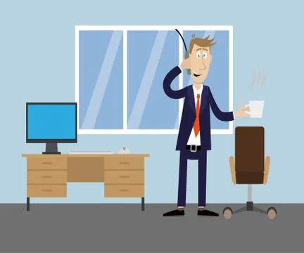 Man in office drinking coffee Stock Illustration