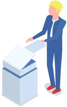 Man in office makes photocopies of documents using multifunctional machine Stock Illustration