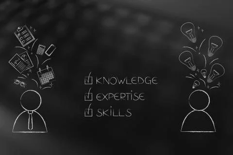 Man with office objects flying above his head next to man with group of light Illustrazione stock