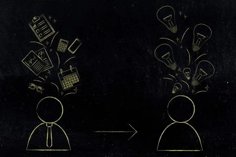 Man with office objects flying above his head next to man with group of light Illustrazione stock