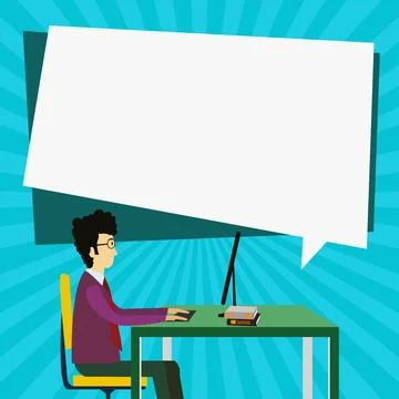 Man In Office Sitting at the table near computer. Big white sticker over his Stock Illustration