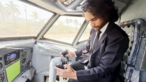 Man in office suit practices inside cockpit zone Stock Footage 308617025