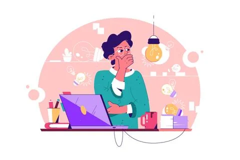 Man in office surrounded by ideas - lightbulbs Stockillustratie