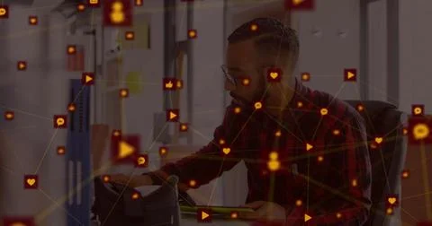 Man in office using tablet surrounded by digital interface icons and connections Stock Illustration