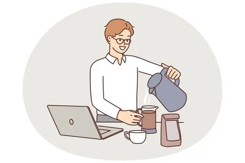 Man office worker brews coffee zero hot water from kettle at table with laptop Stock Illustration