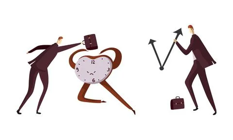 Man Office Worker with Briefcase Pulling Clock Arrow Back as Time Management and 스톡 일러스트