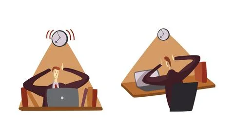 Man Office Worker at Desk Struggle with Urgent Task as Time Management and Illustrazione stock