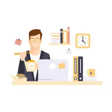 Man Office Worker In Office Cubicle Eating Lunch Having His Daily Routine 스톡 일러스트