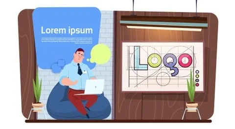 Man Office Worker Or Designer Using Laptop Computer Work In Modern Creative Stock Illustration