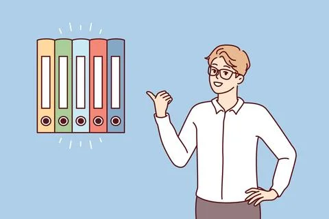Man office worker points finger at multicolored folders for documents 스톡 일러스트