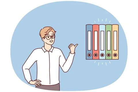 Man office worker points finger at multicolored folders for documents 스톡 일러스트