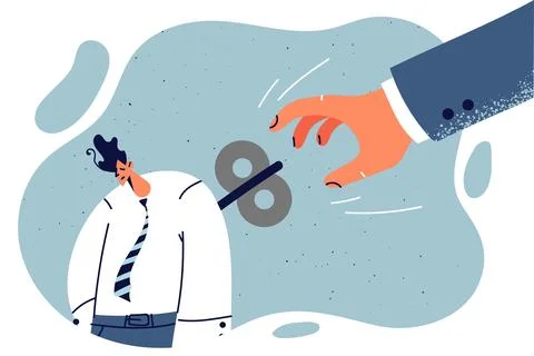 Man office worker is puppet of manager using metal lock to force employee to Stock Illustration