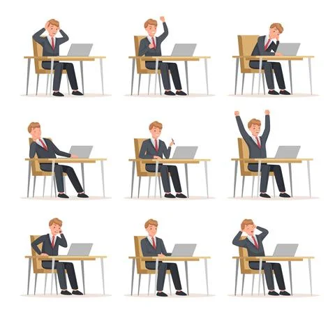 Man Office Worker Sitting at Desk with Laptop Engaged in Workflow Vector Set Illustrazione stock