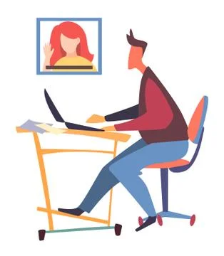 Man office worker sitting at table, using laptop, talking through videocall with 스톡 일러스트