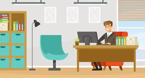 Man Office Worker Sitting at Table at Workspace Working Vector Illustration Illustrazione stock