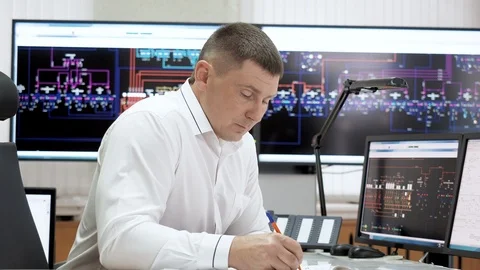 Man office worker is working in control center room of electric power station. Stock Footage 114500711