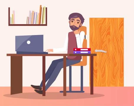 Man Office Workplace Typing on Computer Bookshelf Stock Illustration