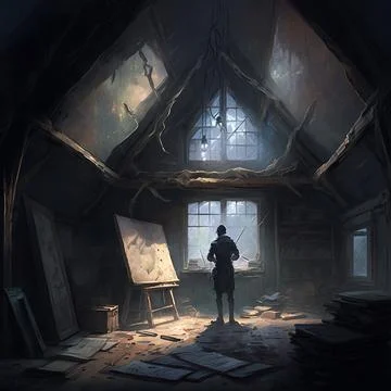 Man in old and destroyed attic studio Stock Illustration