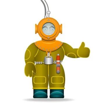 A man in an old diving suit. Underwater helmet. Isolated object. Cartoon Stock Illustration