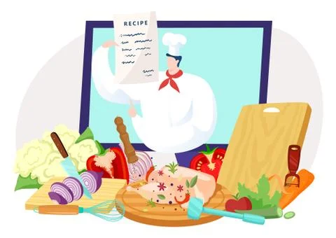 Man at online computer video course, internet culinary school with chef vector Illustrazione stock