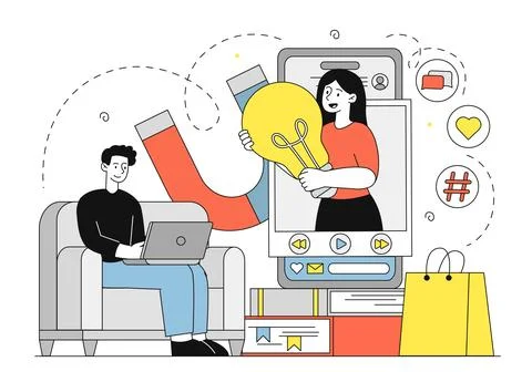 Man with online course. Young guy with laptop watches video of woman with light Stock Illustration
