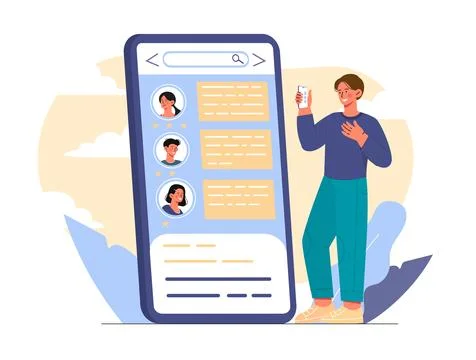 Man with online forum. Young guy with smartphone chatting online with men and Stock Illustration
