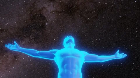 Man with open arms under the starry sky. Camera moves around him lookin up. Stock Footage 307838840