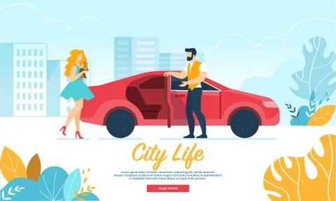 Man Open Car Door Inviting Adorable Woman Come in Stock Illustration