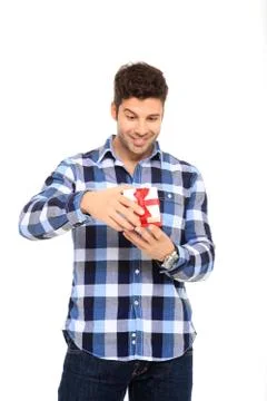 Man open a gift Stock Photos