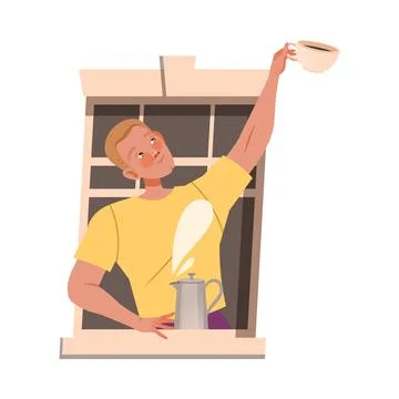 Man in Open Window Stretching Hand with Cup of Coffee to Neighbor Vector Ilustración de archivo