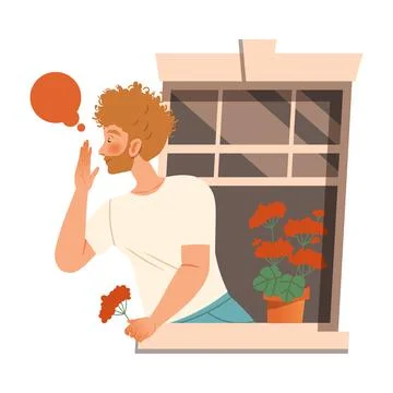 Man in Open Window Talking to Neighbor Vector Illustration Stock Illustration