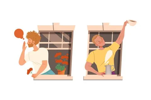 Man in Open Window Talking to Neighbor and Giving Cup Vector Set Ilustración de archivo