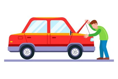 A man opened the hood of a car to fix a vehicle. broken car. Stock Illustration