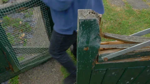 Man opening and closing a rotten wooden garden or yard gate. Stock Footage 243562018