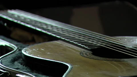 Man Opening Black Case of Acoustic Guitar. Close Up.  Stock Footage 207946361