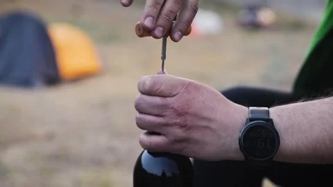 Man opening bottle of red wine with a corkscrew in park Video stock 243880102