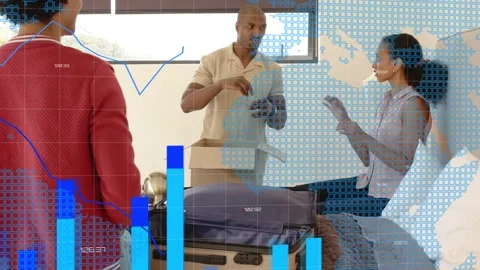 Man opening box passing items as group packing suitcase with tech graphs Stock Footage 333485627