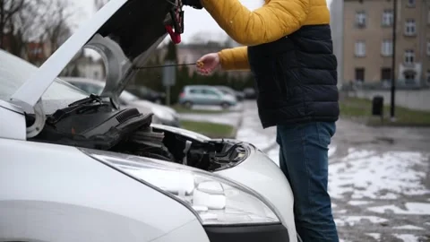 Man Opening Car Engine Hood On Parking Stock Footage 329226749