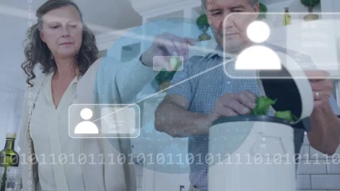 Man opening device processing herbs as woman adding leaves, overlay mapping Stock Footage 333510134