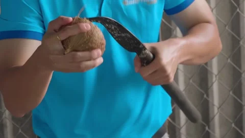 A man is opening a dry brown coconut holding it with one hand and special knife 스톡 동영상 333312422