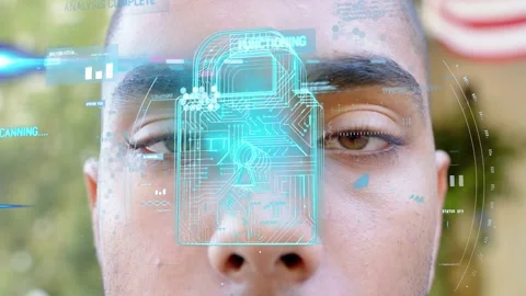 Man opening eyes while HUD starting scan aligning padlock reaching functioning 動画素材 333169662