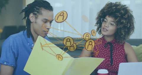 Man opening folder launching holographic tech network, woman pointing at nodes Video stock 310324054