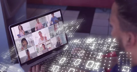 Man opening laptop and joining meeting, animating binary overlay across keyboard Stock Footage 315602515